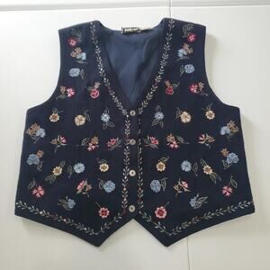 Vintage Cottagecore Vest Womens Large Navy Blue Wool Floral Embroidered Boho 90s